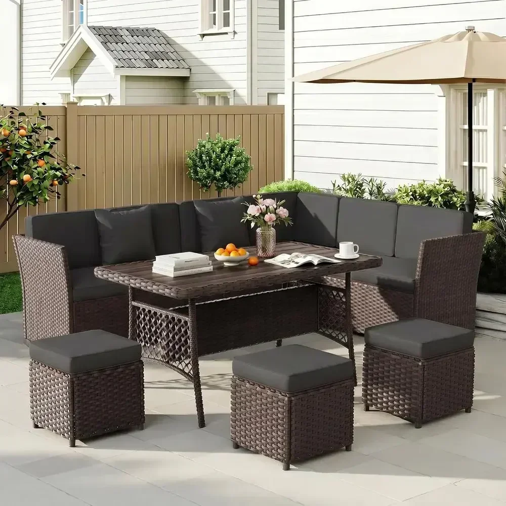 Outdoor Furniture Metal Chairs - ชุดเฟอร์นิเจอร์หวายสำหรับใช้ภายนอกอาคาร 7 ชิ้น ประกอบด้วย โต๊ะรับประทานอาหาร เก้าอี้